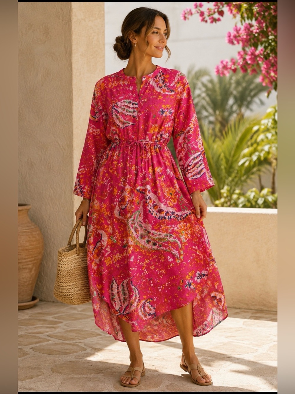 Cleobella Pink Paisley Caftan Tie Waist High Low Dress XS Boho Resort